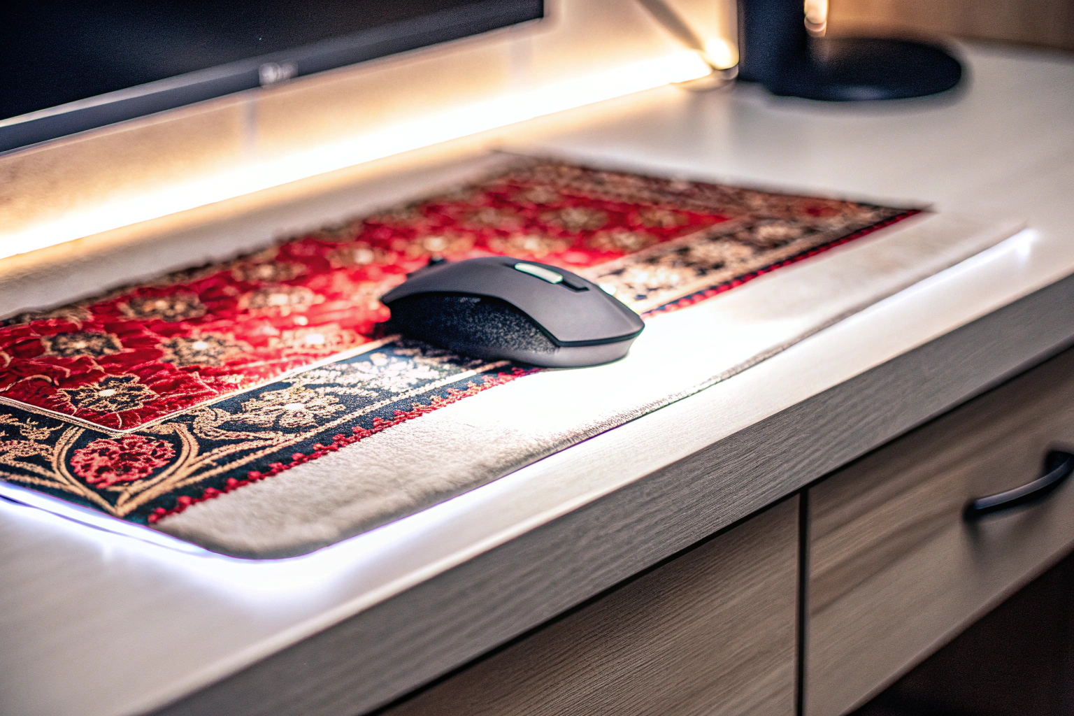 Ein stilvolles Mauspad mit japanischem Muster auf einem Gaming-Tisch. Japanisches Mauspad im Gaming-Setup