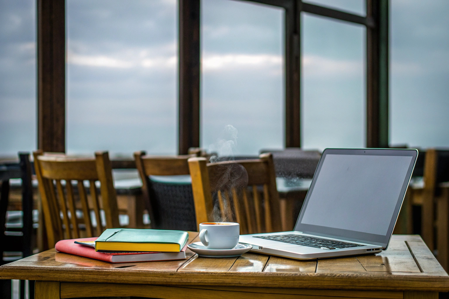 Ein Student, der in einem Café an einem Laptop arbeitet, umgeben von Büchern und Notizen. Student arbeitet am Laptop