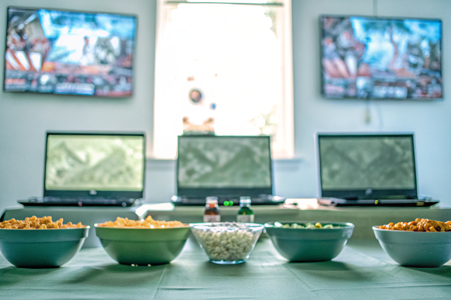 Ein Tisch, der mit Gaming-Equipment und Snacks für eine LAN-Party vorbereitet ist. LAN-Party Setup
