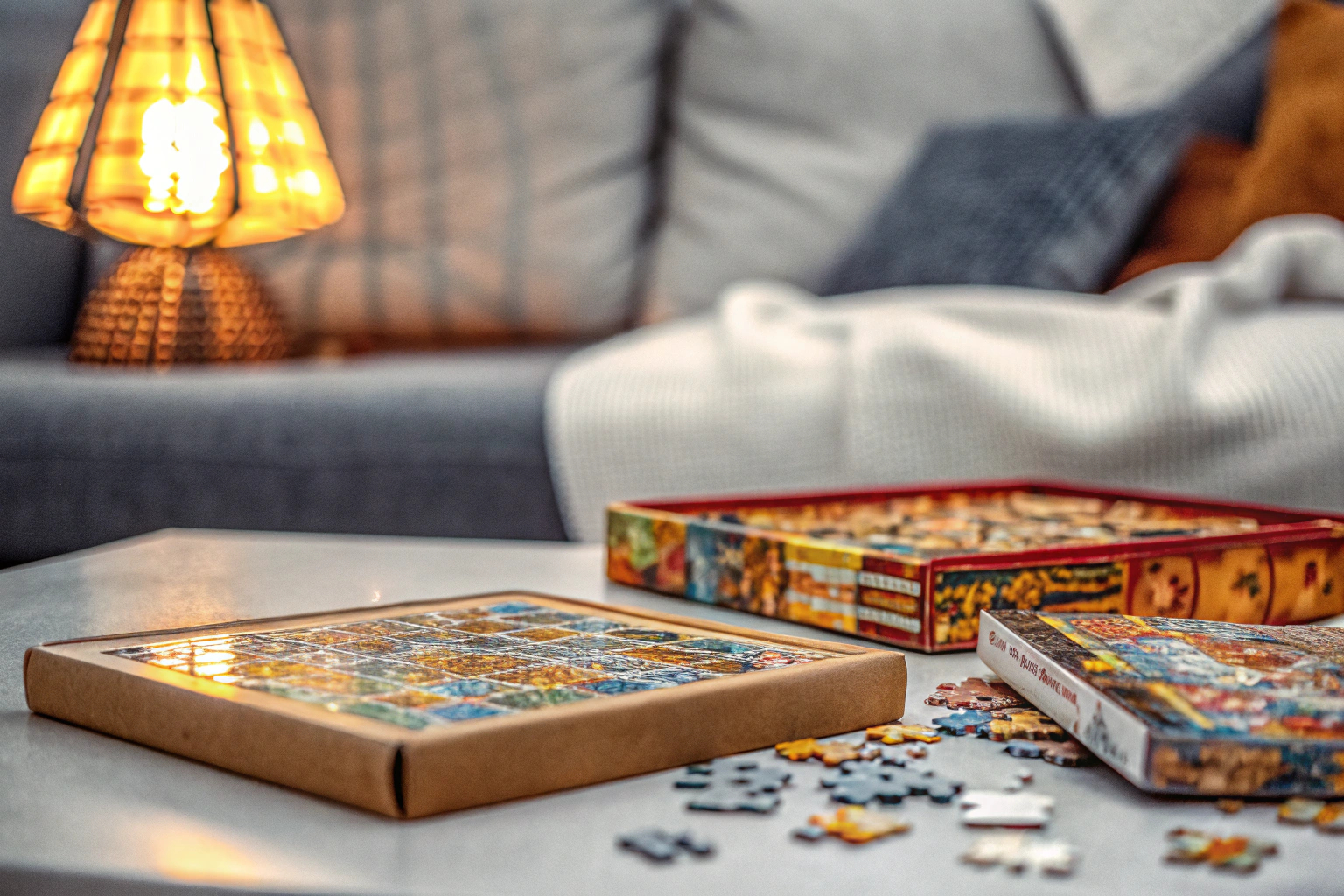 Ein Tisch mit verschiedenen kreativen Wortspielen und Puzzles, die zum Spielen bereitliegen. Kreative Wortspiele und Puzzles