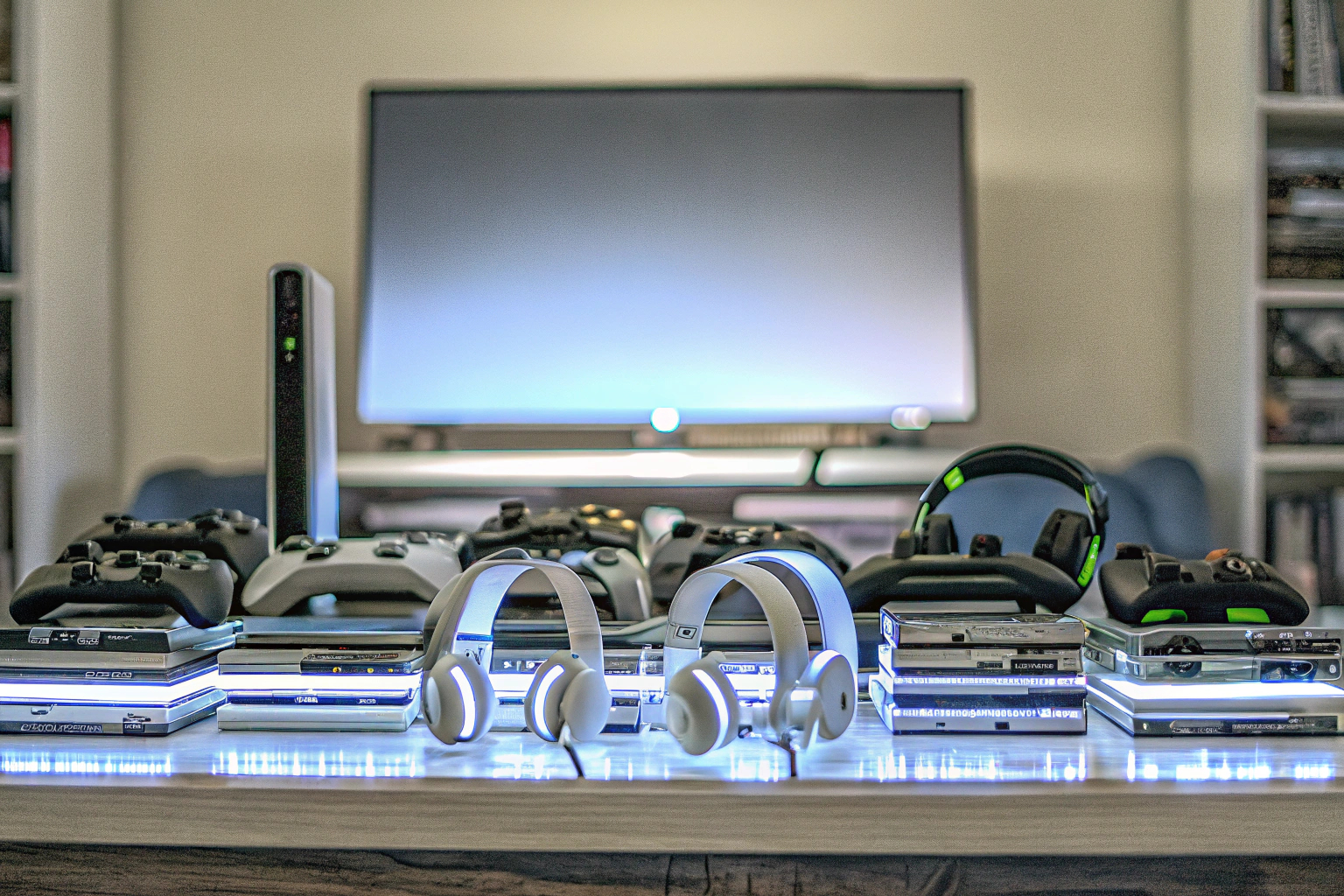 Ein Tisch voller Gaming-Zubehör, darunter Headsets, Controller und Spiele. Gaming-Zubehör