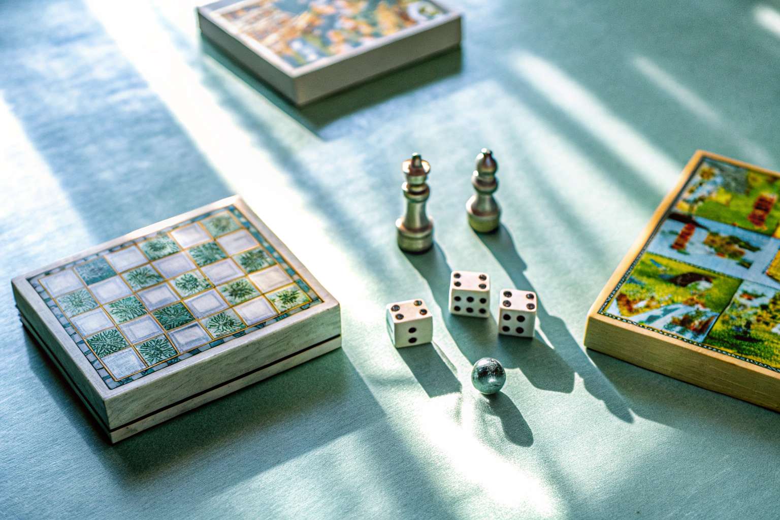 Ein Tisch voller Strategiespiele, die verschiedene Genres und Mechaniken repräsentieren. Verschiedene Strategiespiele auf einem Tisch