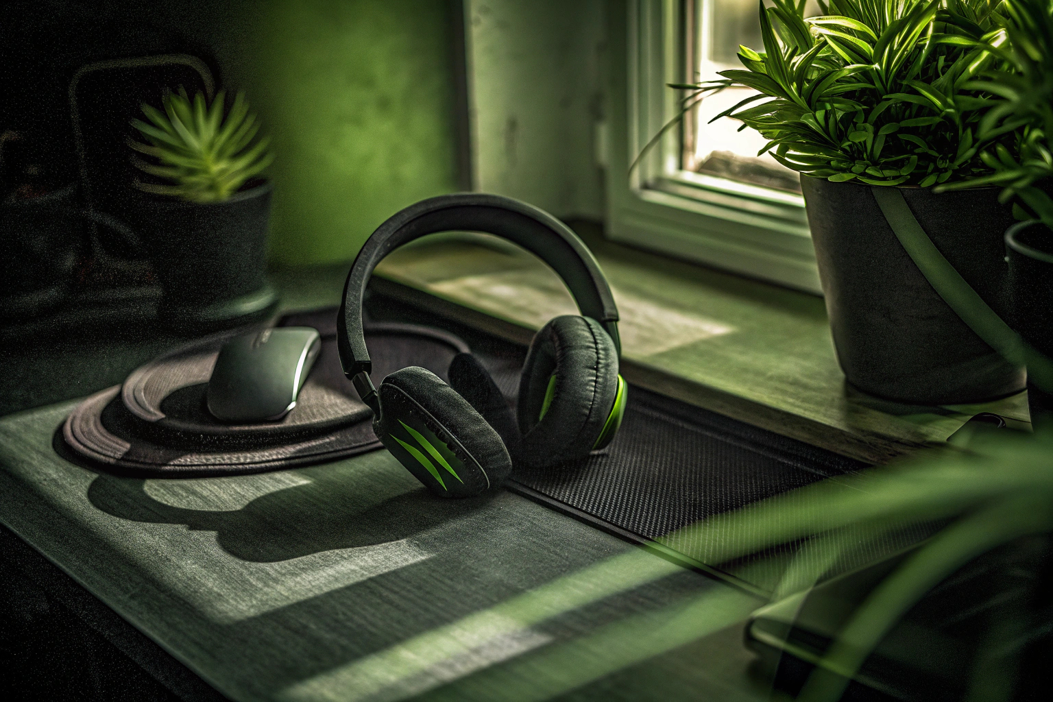 Ein umweltfreundliches Gaming-Headset auf einem Schreibtisch, das aus recycelten Materialien besteht. Nachhaltiges Gaming-Headset