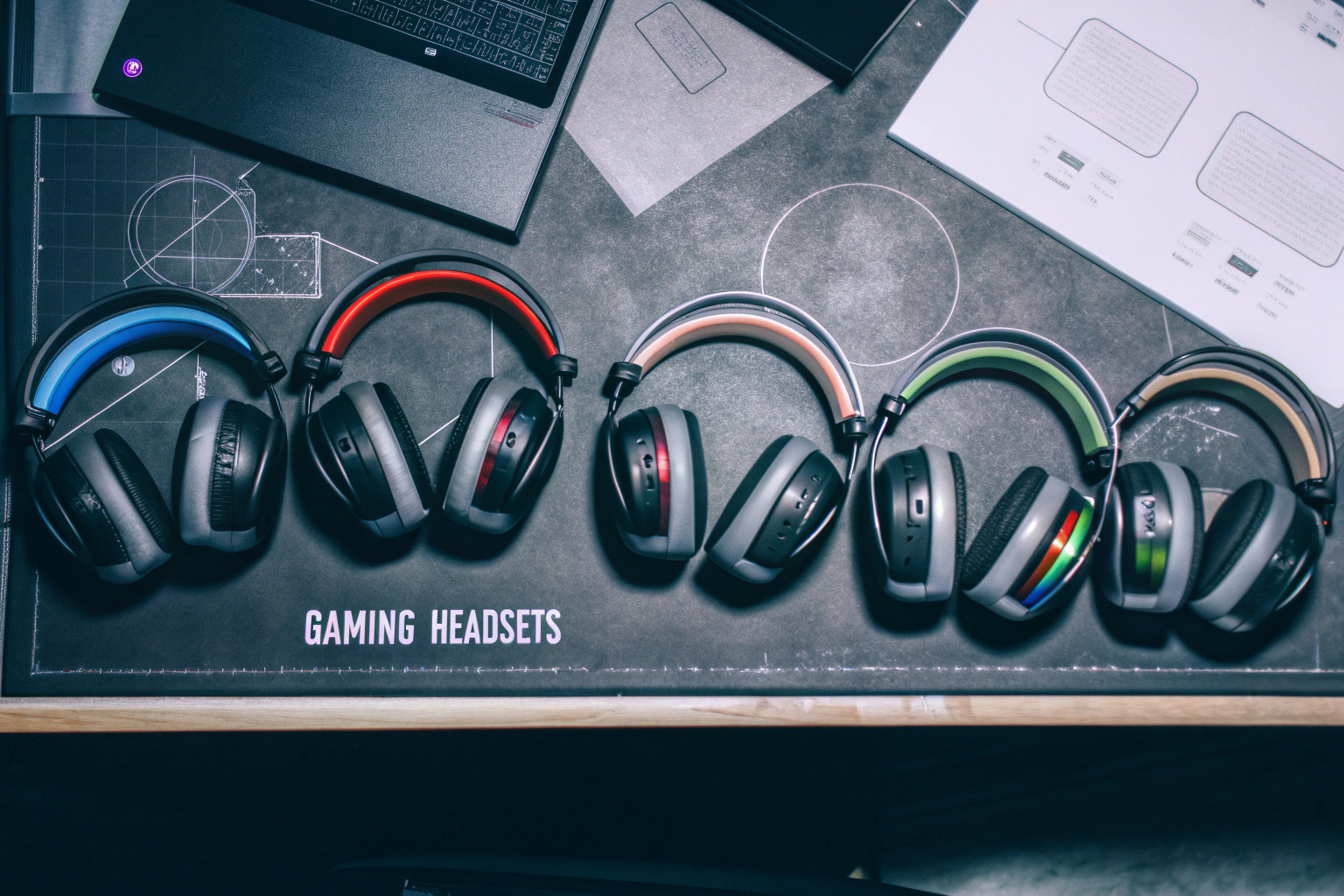 Ein Vergleich von verschiedenen Gaming-Headsets auf einem Tisch. Vergleich von Gaming-Headsets