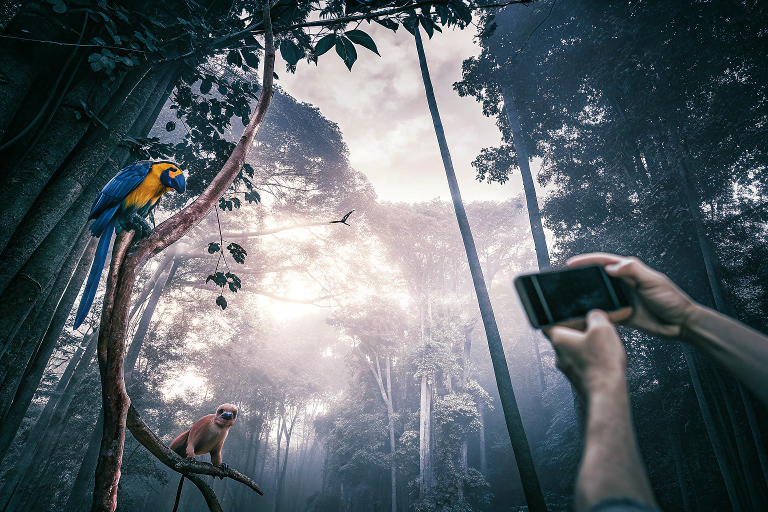 Ein virtueller Dschungel mit exotischen Pflanzen und Tieren, der die Möglichkeiten der VR-Technologie zeigt. Virtueller Dschungel in VR