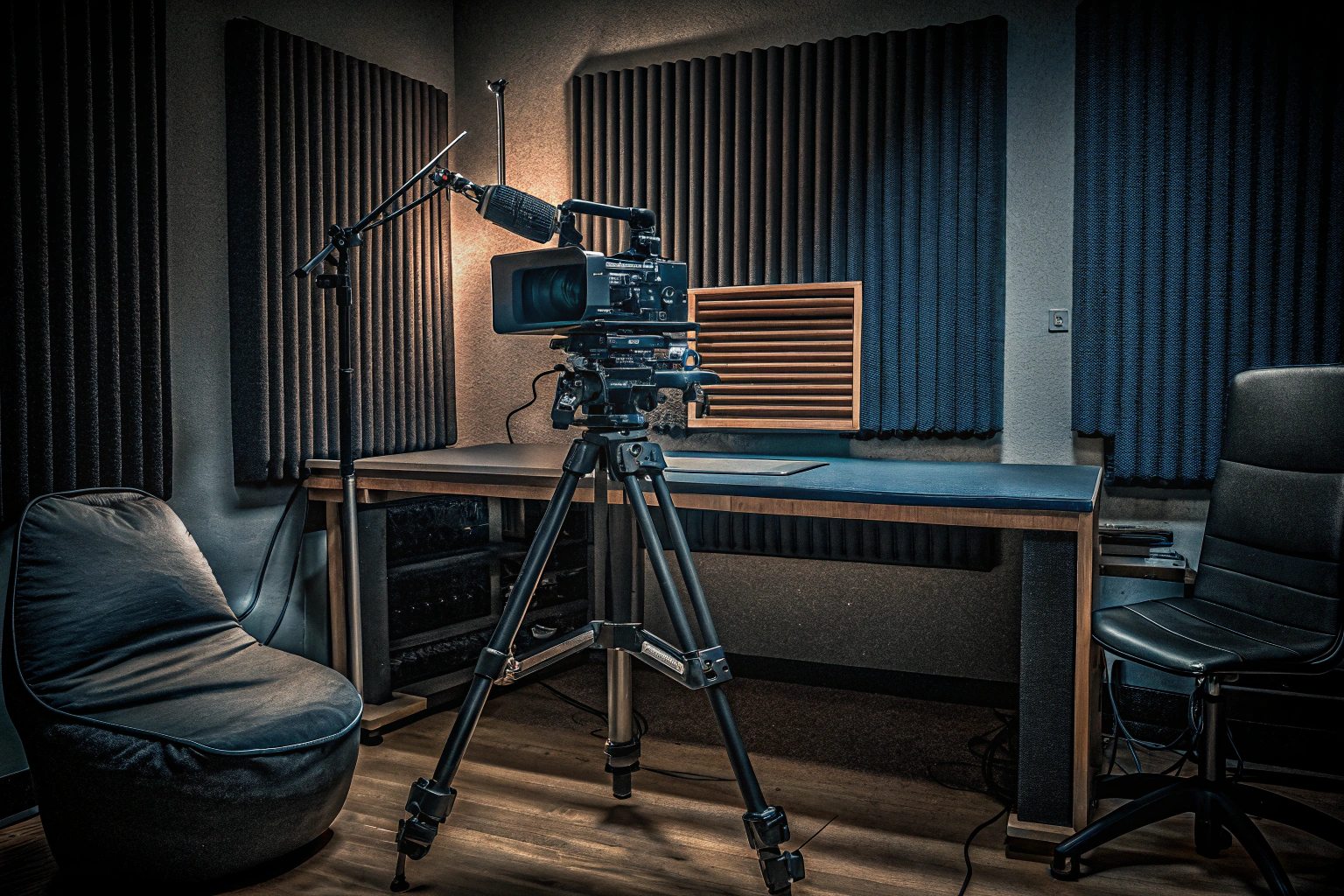 Ein voll ausgestattetes Streaming-Studio mit Mikrofon, Licht und Kamera. Voll ausgestattetes Streaming-Studio