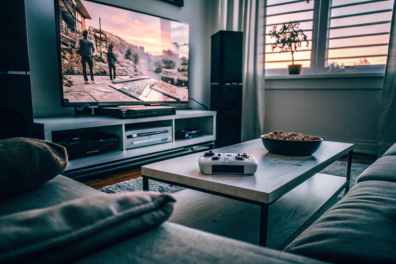 Ein Wohnzimmer-Setup mit einer Konsole und einem großen Fernseher, auf dem ein Spiel läuft. Heimkonsole Gaming-Setup