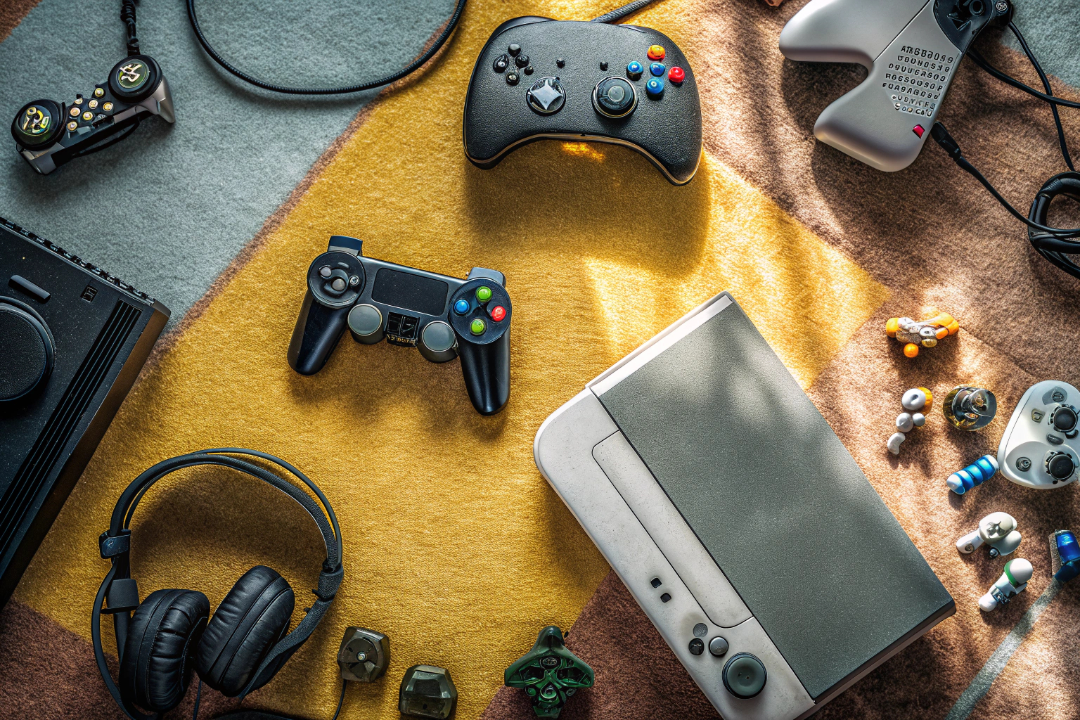 Videospielkonsolen und Zubehör auf einem Tisch