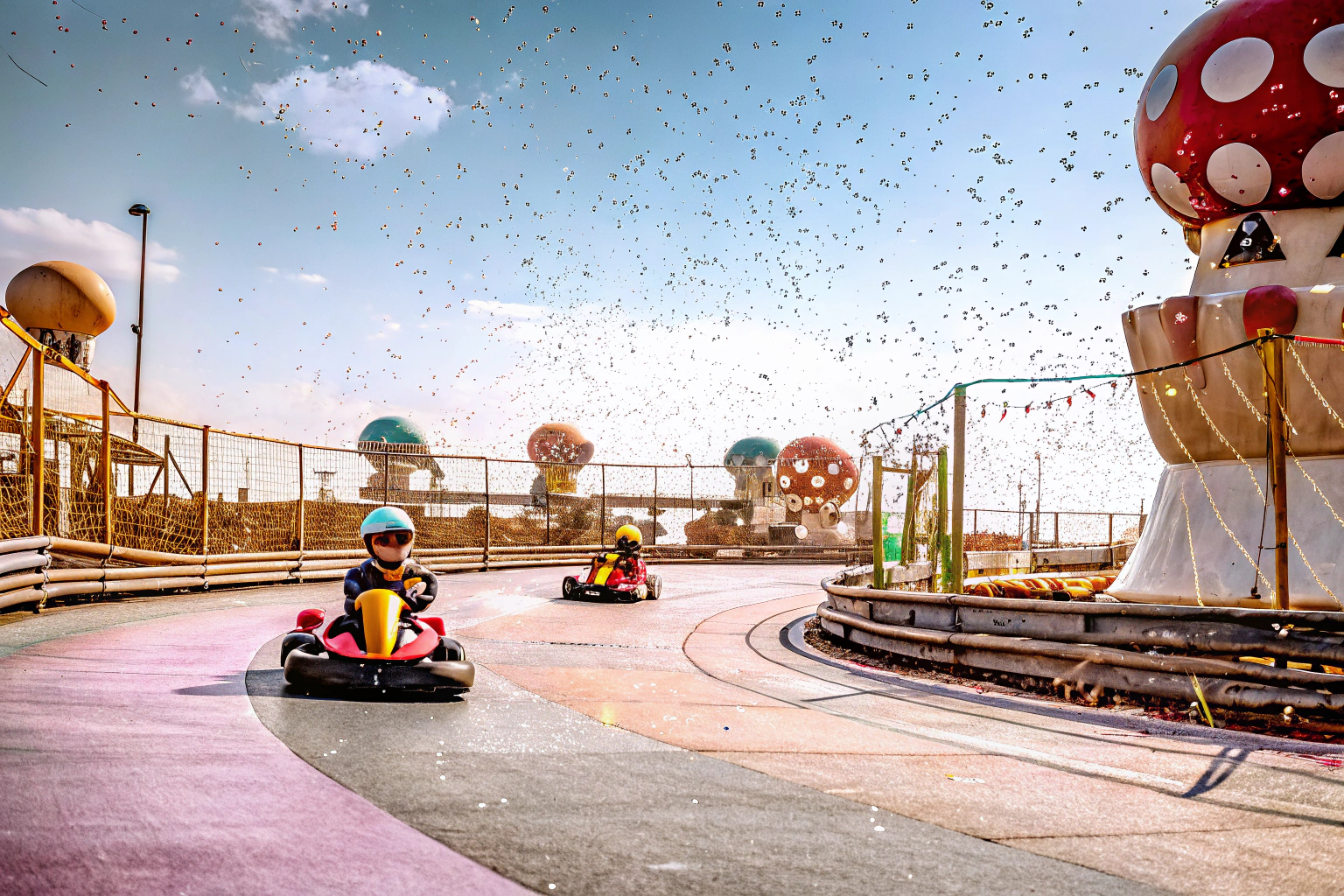 Eine aufregende Rennstrecke in Moorhuhn Kart 4, die die bunte Grafik und den Spaß am Spiel zeigt. Rennstrecke in Moorhuhn Kart 4