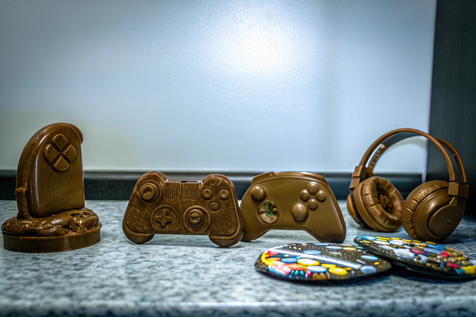 Eine Auswahl an Schokoladenfiguren in Form von Gaming-Zubehör, die auf einem Tisch präsentiert werden. Schokoladenfiguren für Gamer