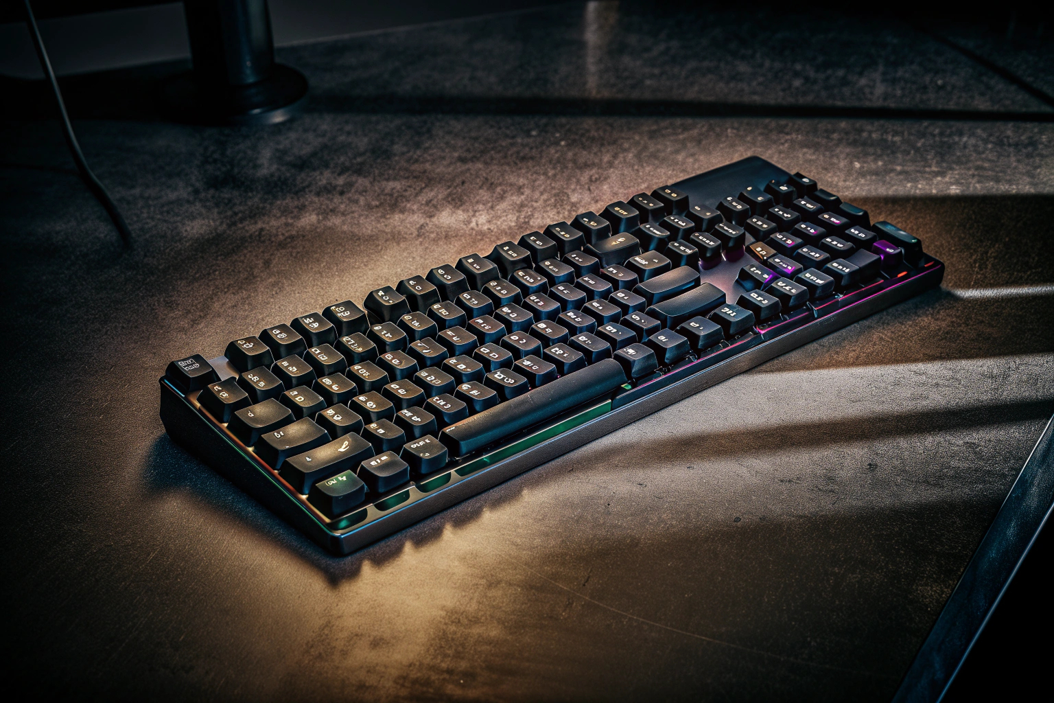 Eine beleuchtete Gaming-Tastatur mit RGB-Farben, die in einem dunklen Raum leuchtet. Beleuchtete Gaming-Tastatur