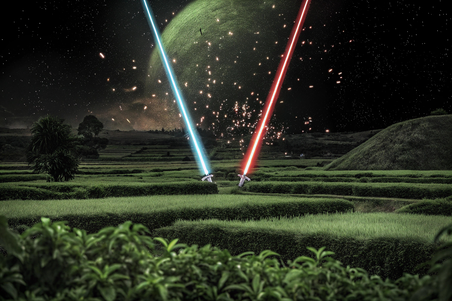 Eine epische Schlacht in Star Wars Jedi: Survivor mit beeindruckenden Lichteffekten. Star Wars Jedi: Survivor epische Schlacht