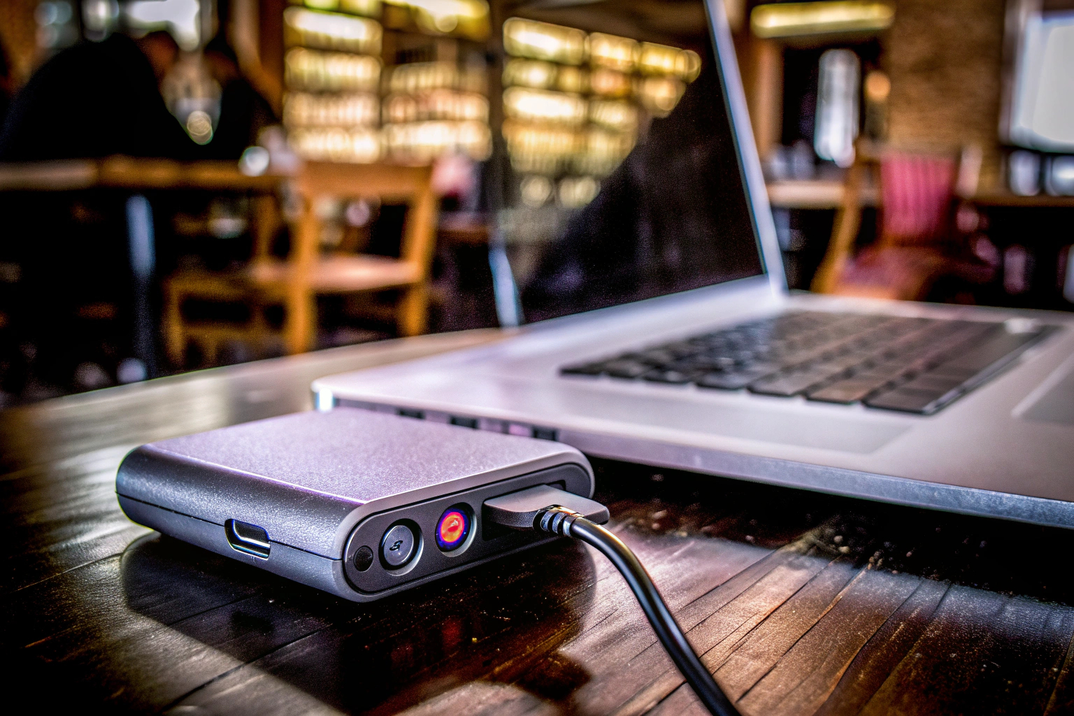 Eine externe Soundkarte, die an einen Laptop angeschlossen ist, ideal für unterwegs. Externe Soundkarte für unterwegs