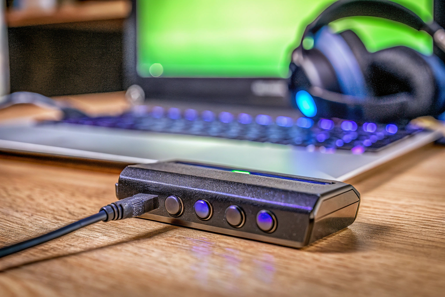 Eine externe Soundkarte, die an einen Laptop angeschlossen ist, um die Audioqualität zu verbessern. Externe Soundkarte an Laptop