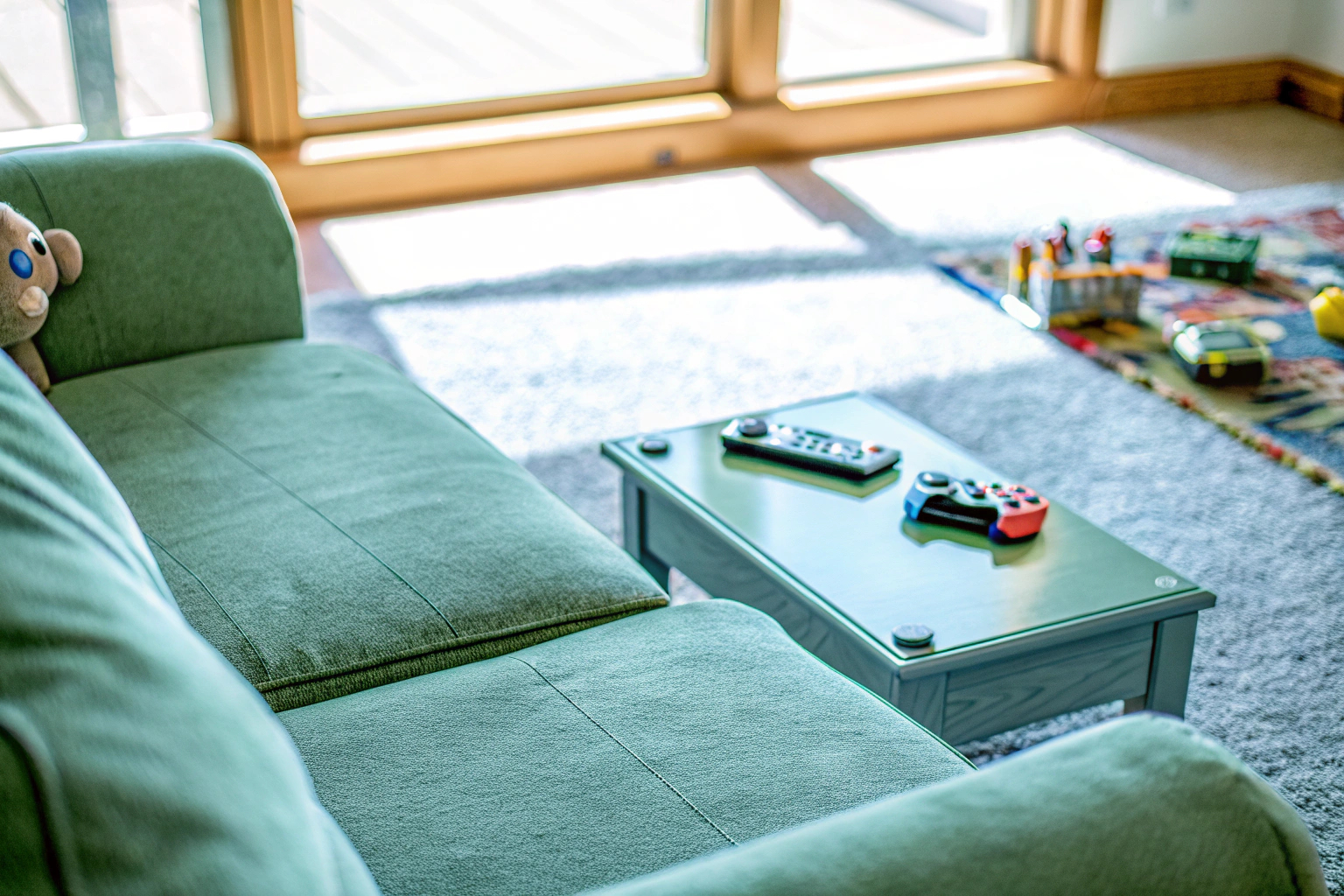 Eine Familie, die die Nintendo Switch gemeinsam im Wohnzimmer spielt. Familie spielt Nintendo Switch