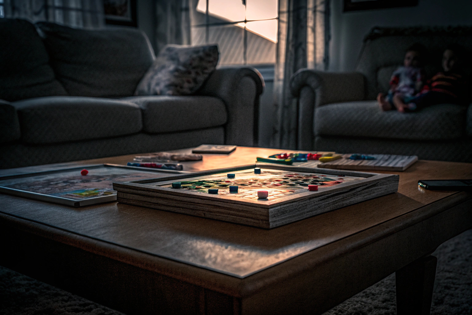 Eine Familie, die ein klassisches Brettspiel gemeinsam spielt, umgeben von Lachen und Freude. Familie spielt Brettspiel