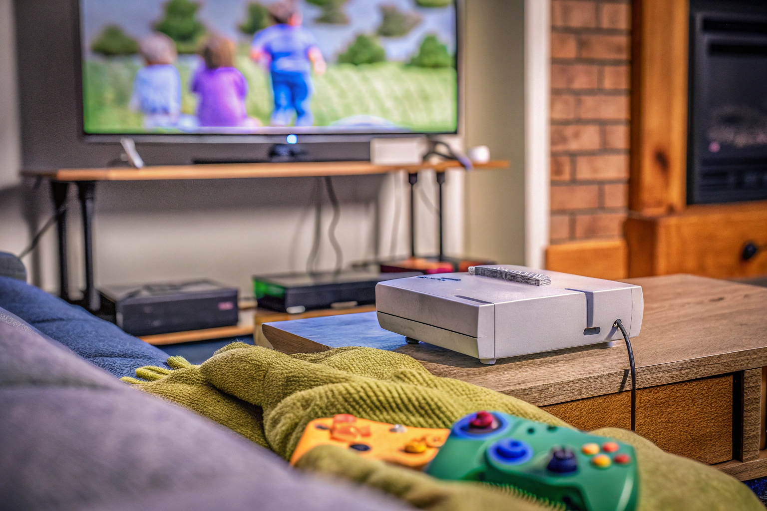 Eine Familie, die gemeinsam auf der Couch sitzt und die PZNETUE 2025 Pro Upgrade Retro Konsole spielt. Familie spielt Retro Konsole