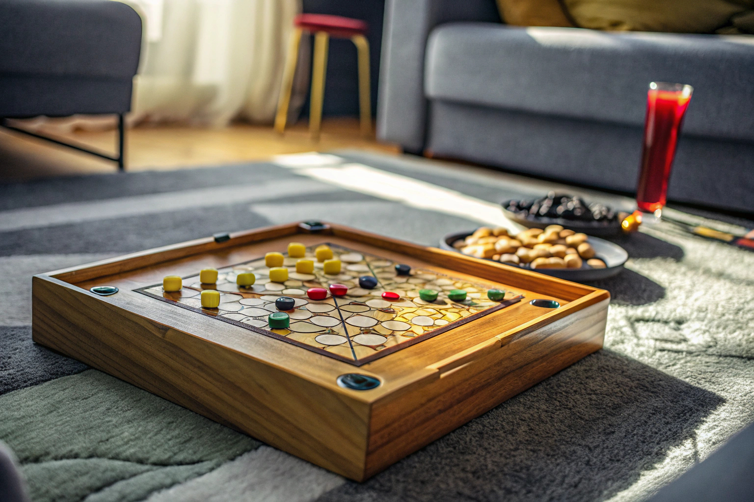 Eine Familie, die gemeinsam ein Brettspiel spielt, umgeben von Lachen und Freude. Familie spielt Brettspiel