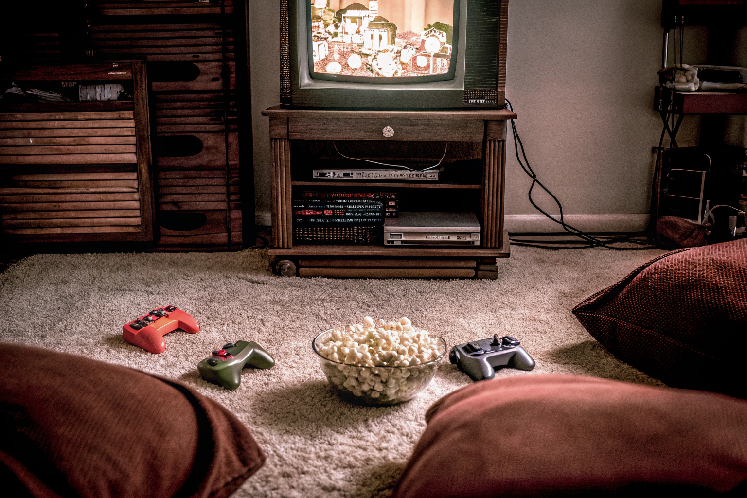 Eine Familie, die gemeinsam mit einer Retro-Konsole spielt. Familie beim Spielen