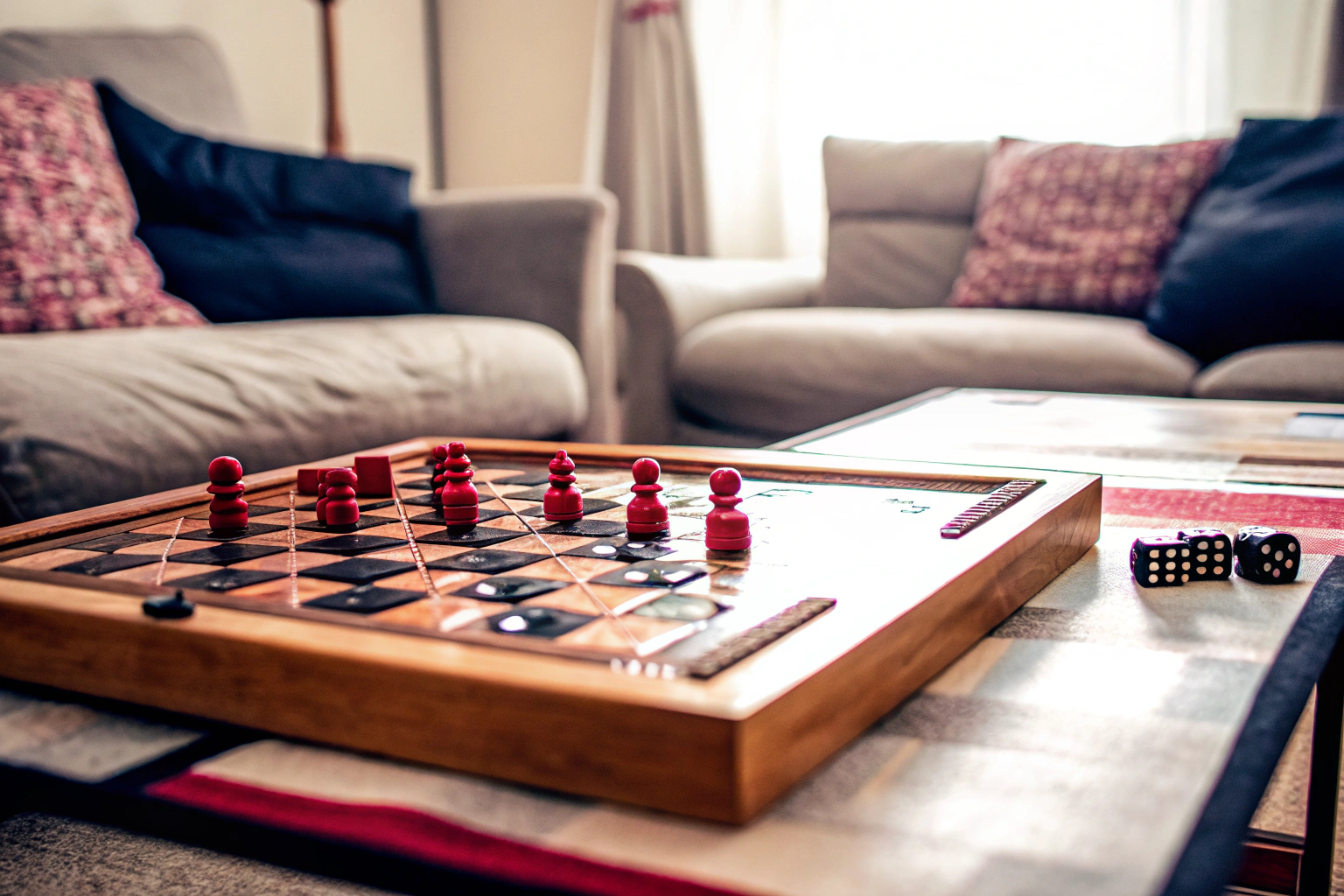 Eine Familie, die zusammen ein Brettspiel spielt, unterhält sich und plant ihre nächsten Züge. Familie beim Spielen eines Brettspiels