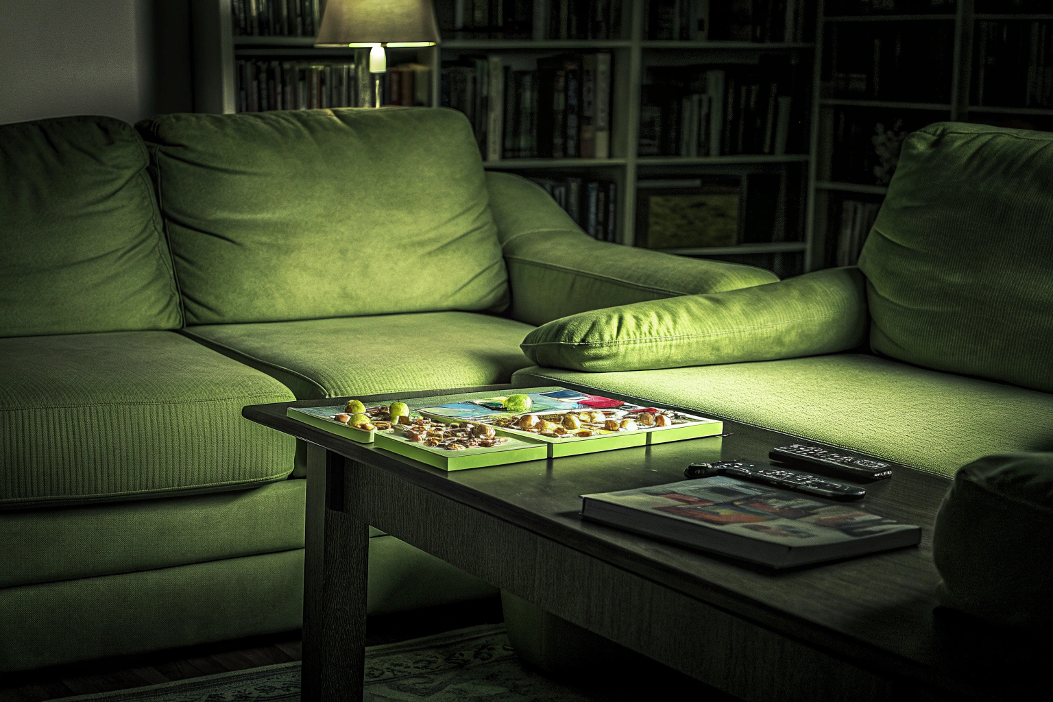 Eine Familie sitzt gemütlich auf der Couch und spielt ein Brettspiel zusammen, alle lachen und haben Spaß. Familie spielt Brettspiel auf der Couch