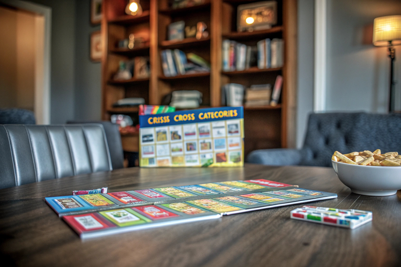 Eine Familie versammelt sich um den Tisch und spielt moses. Criss Cross Categories, ein interaktives Brettspiel. Familie spielt moses. Criss Cross Categories
