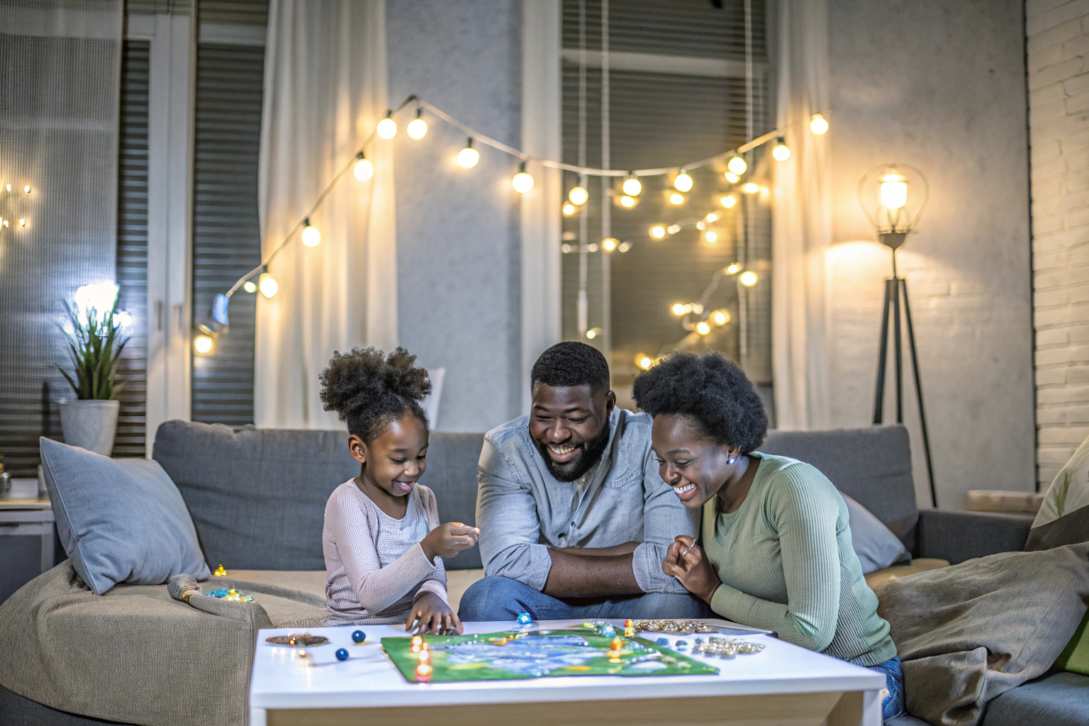 Eine fröhliche Familie, die mit einem Partyspiel eine gute Zeit hat. Familie beim Partyspiel