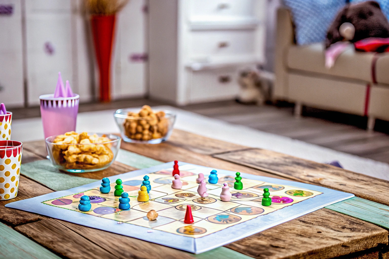 Eine fröhliche Spielszene mit einer Gruppe von Freunden, die zusammen ein Brettspiel spielen. Freunde spielen Brettspiel