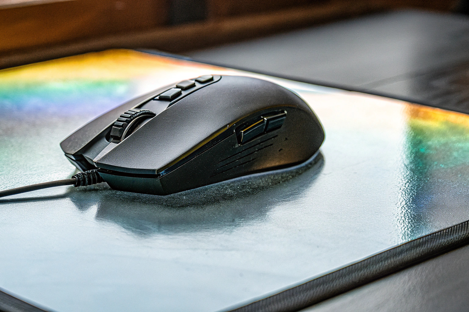 Eine Gaming-Maus, die auf einem beleuchteten RGB-Mousepad liegt. Gaming-Maus auf RGB-Mousepad