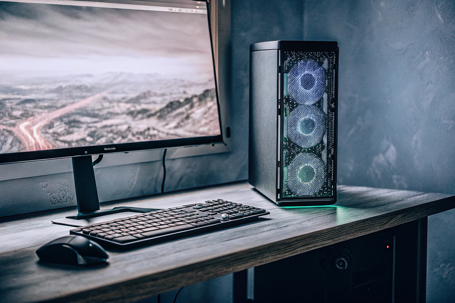 Eine Gaming-Setup mit einem leistungsstarken PC und LED-Beleuchtung. Gaming-Setup mit leistungsstarkem PC