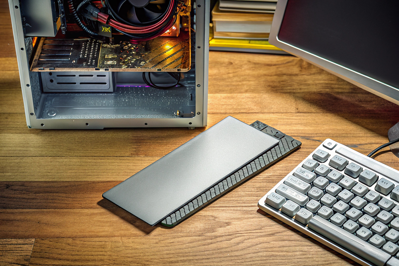 Eine Gaming-Setup mit einem offenen Gehäuse, das die Installation einer NVMe SSD zeigt. Installation einer NVMe SSD in einem Gaming-PC