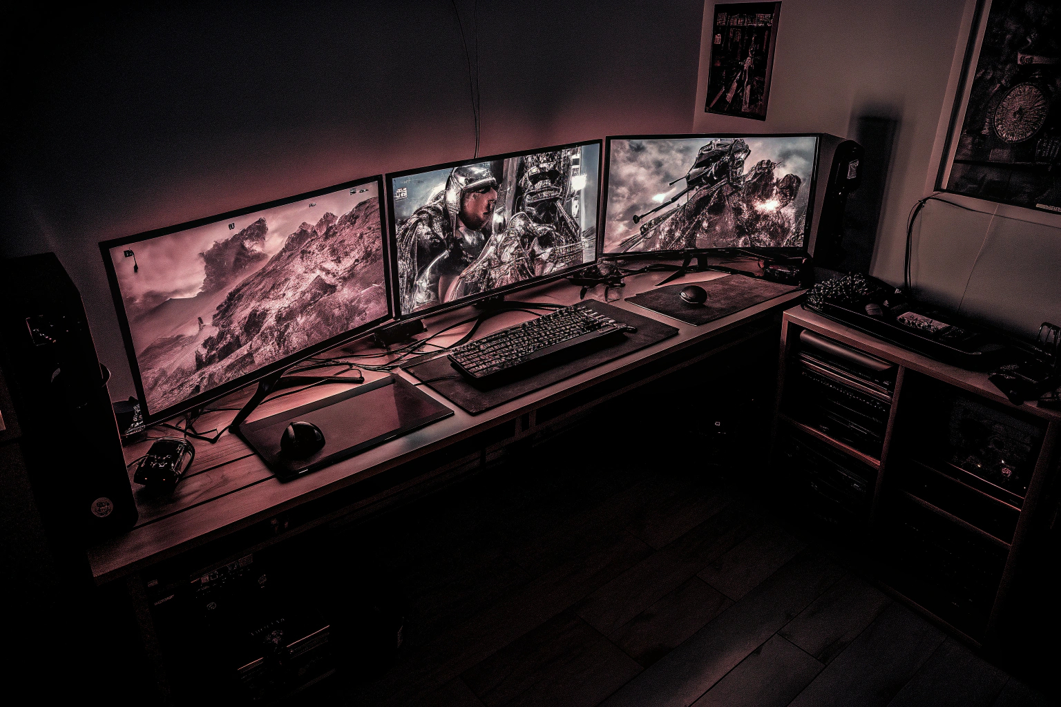 Eine Gaming-Station mit mehreren hochauflösenden Monitoren und RGB-Beleuchtung, die die Ästhetik eines typischen Gamer-Setups zeigt. Gaming-Station mit Monitoren