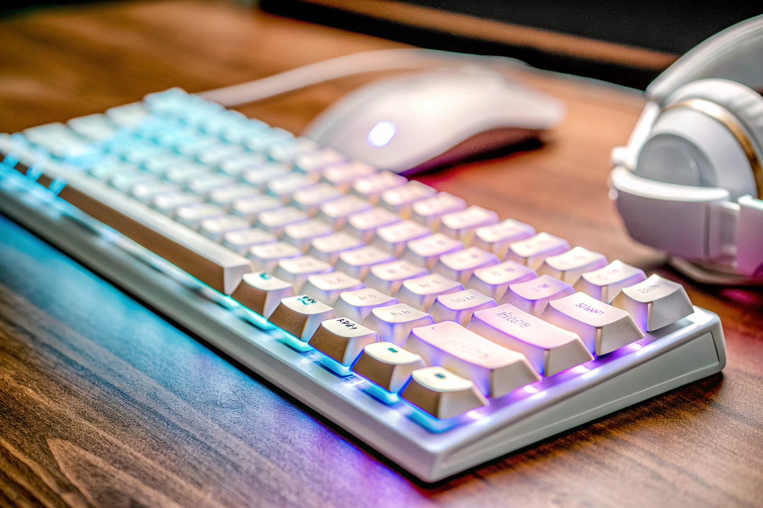 Eine Gaming-Tastatur mit bunter Hintergrundbeleuchtung auf einem Schreibtisch. Gaming-Tastatur mit Hintergrundbeleuchtung