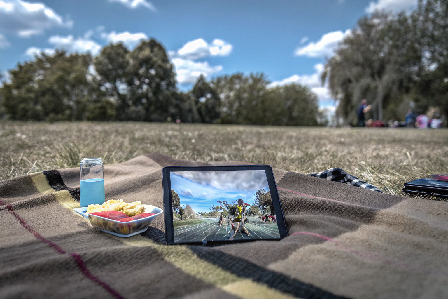 Eine Gruppe von Freunden, die ein spannendes Multiplayer-Spiel auf ihrem Tablet spielen. Multiplayer-Spiel auf dem Tablet