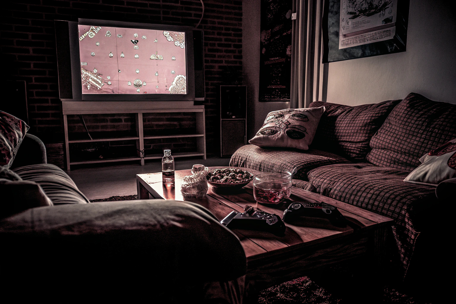 Eine Gruppe von Freunden, die gemeinsam auf einer Couch sitzen und auf einen Fernseher konzentriert sind, während sie Retro-Spiele spielen. Freunde spielen Retro-Spiele auf der Couch