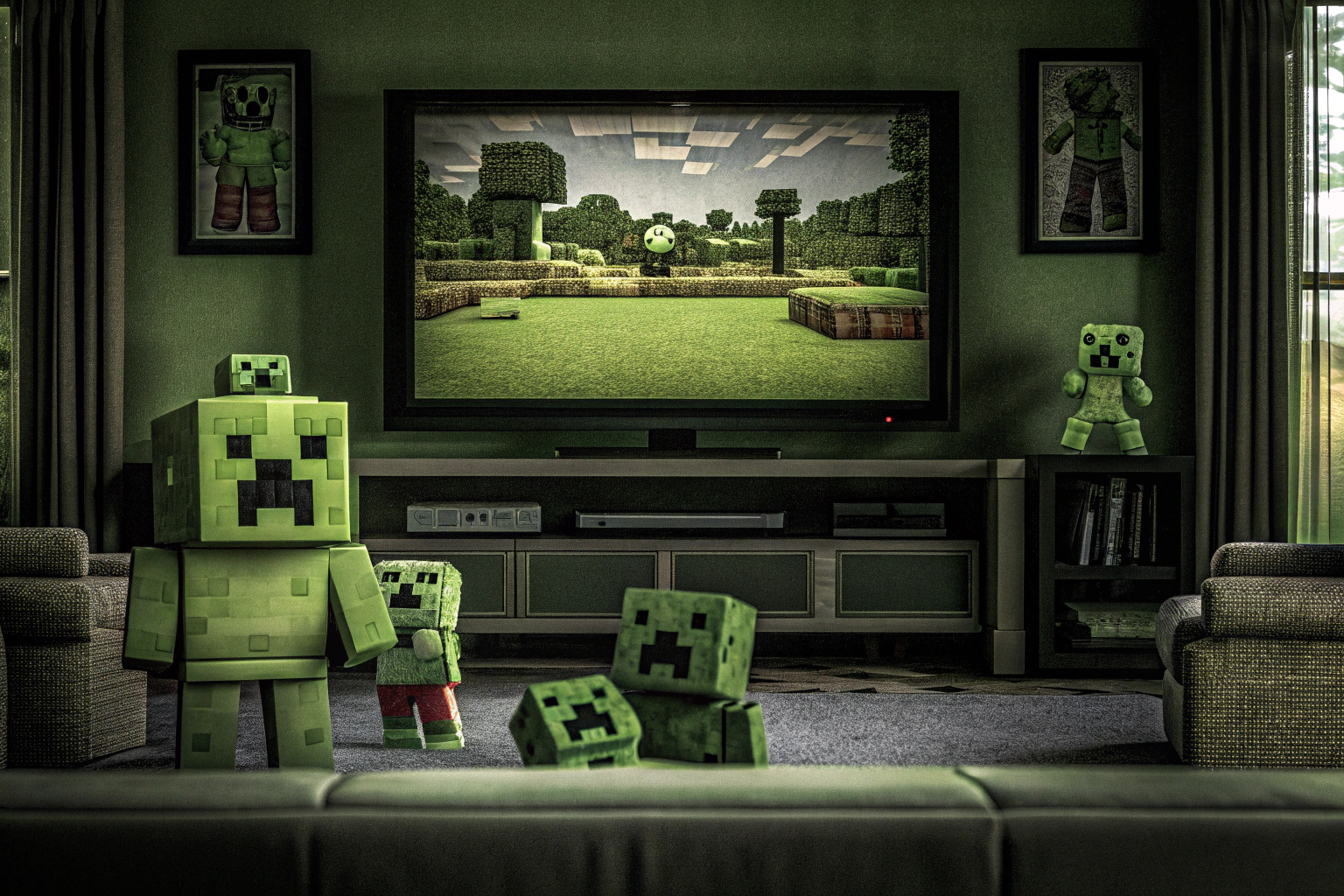 Eine Gruppe von Freunden, die gemeinsam Minecraft auf Konsolen spielen, umgeben von Minecraft-Merchandise. Minecraft Spieler mit Merchandise