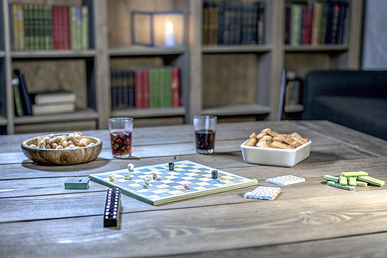 Eine Gruppe von Freunden spielt ein Brettspiel an einem Tisch. Freunde spielen Brettspiel
