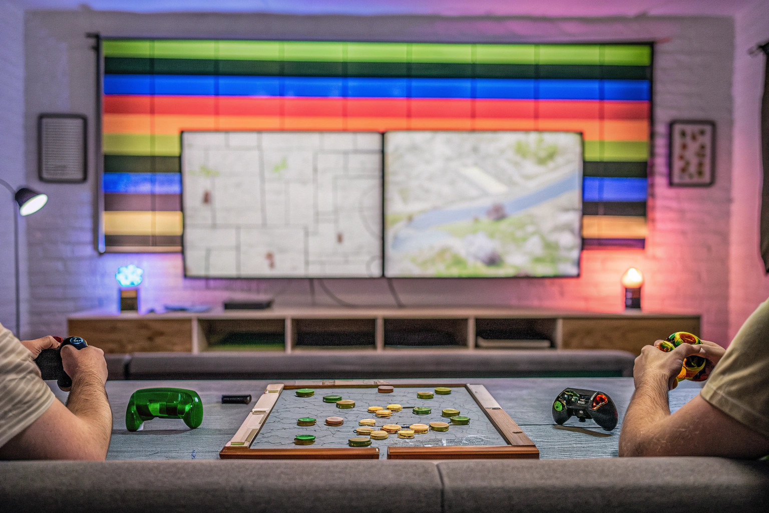 Eine Gruppe von Gamern, die an einem Tisch diskutieren und ihre Strategie planen. Gamer bei der Clan-Planung