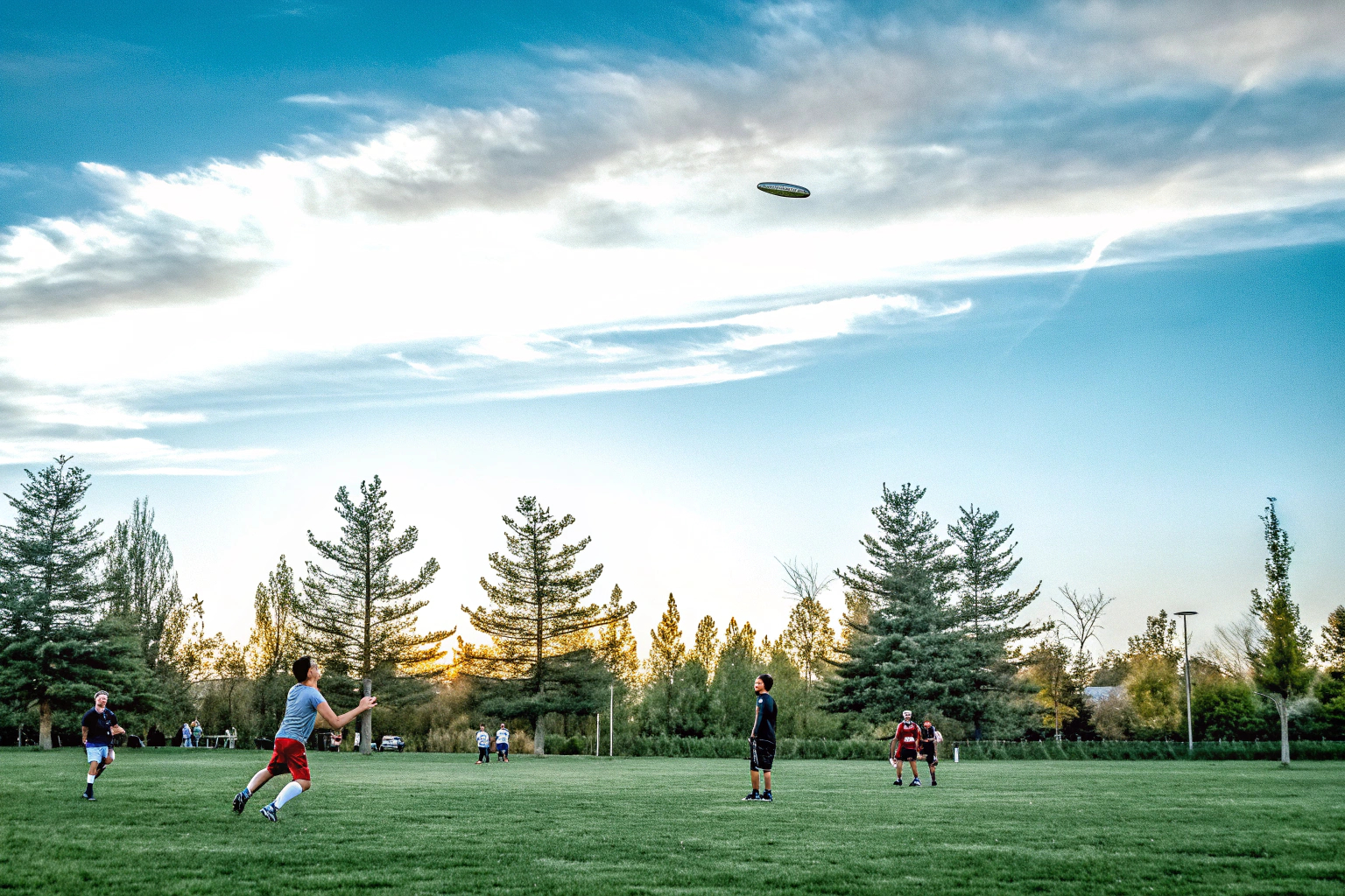 Eine Gruppe von Menschen, die ein Outdoor-Sportspiel spielen, umgeben von Bäumen und Gras. Outdoor-Sportspiel im Park
