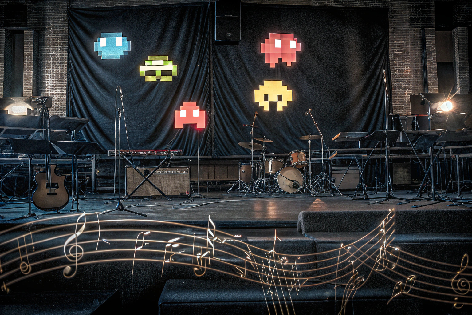 Eine Gruppe von Musikern, die auf einer Bühne Videospielmusik spielen. Live-Konzert mit Videospielmusik