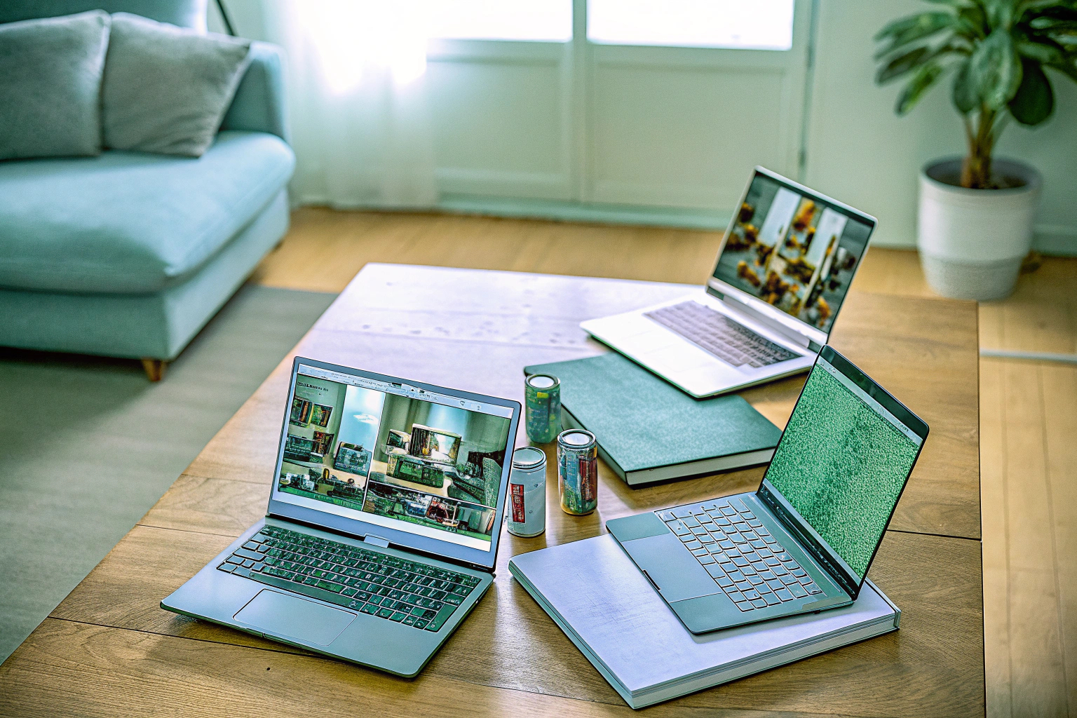 Eine Gruppe von Studenten, die gemeinsam an einem großen Tisch mit Gaming-Laptops arbeiten. Studenten mit Gaming-Laptops
