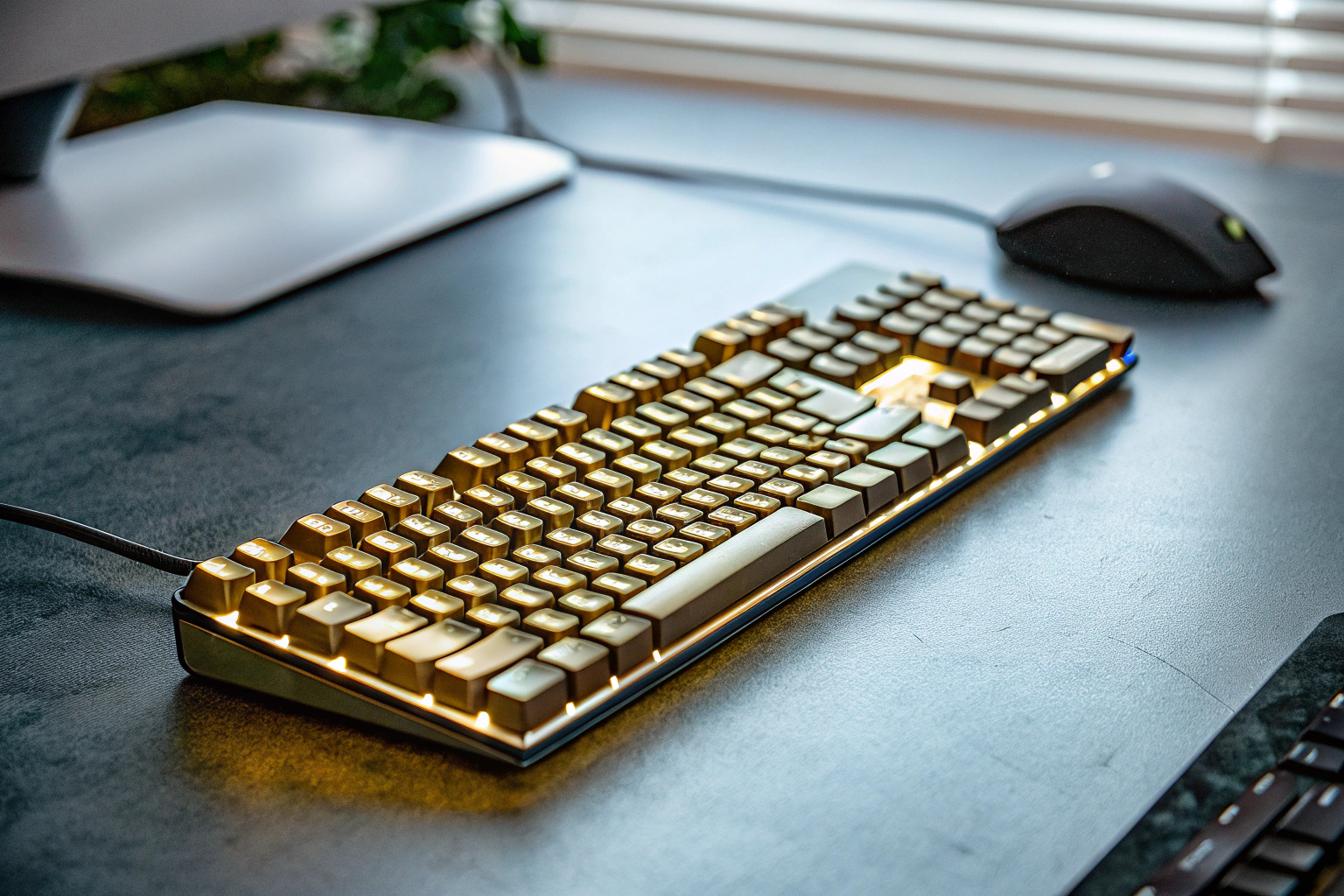 Eine Logitech G213 Prodigy Gaming-Tastatur mit ihrer RGB-Beleuchtung in einer Gaming-Setup-Umgebung. Logitech G213 Prodigy Gaming-Tastatur