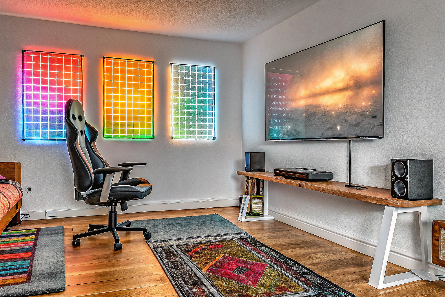 Eine moderne Gaming-Ecke mit RGB-LED-Panels an der Wand. Gaming-Zimmer mit LED-Beleuchtung