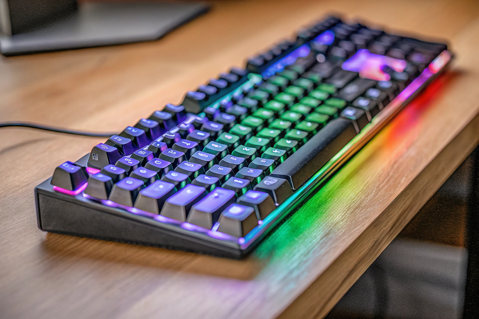 Eine Nahaufnahme der Logitech G213 Prodigy Gaming-Tastatur, die ihre RGB-Beleuchtung und die integrierte Handballenauflage zeigt. Logitech G213 Prodigy RGB-Beleuchtung