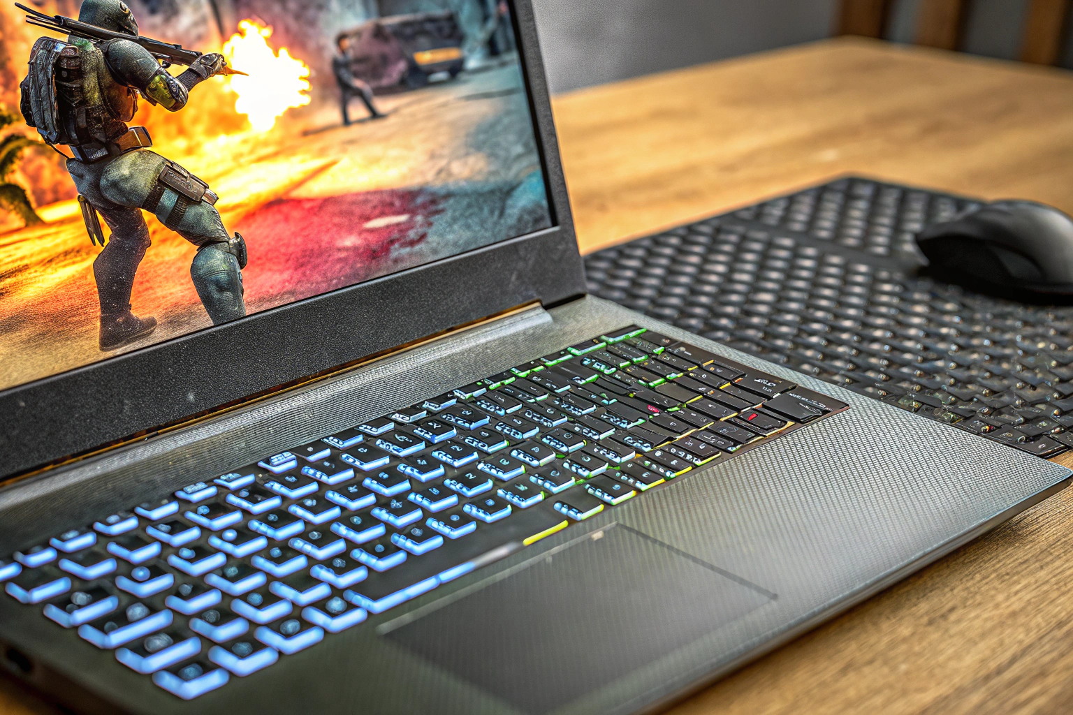 Eine Nahaufnahme eines Gaming-Laptops mit einem taktischen Shooter-Spiel auf dem Bildschirm. Gaming-Laptop mit Shooter-Spiel