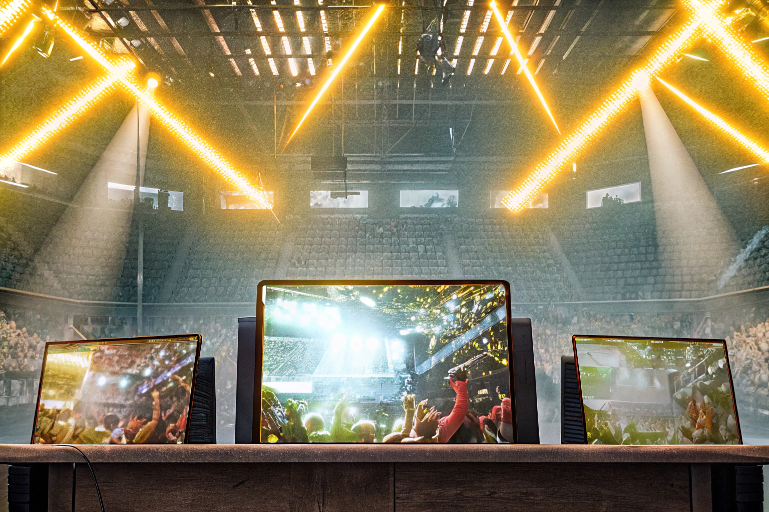 Eine packende Szene aus einem eSports-Turnier mit jubelnden Zuschauern und konzentrierten Spielern. eSports-Turnier-Szene