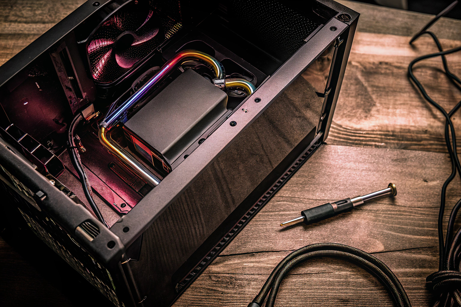 Eine Person, die an einem offenen PC-Gehäuse arbeitet, um Komponenten zu installieren. PC-Bauprozess