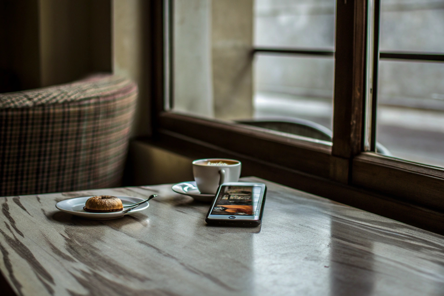 Eine Person, die ein Mobile Game auf ihrem Smartphone spielt, während sie in einem Café sitzt. Mobile Gaming im Café