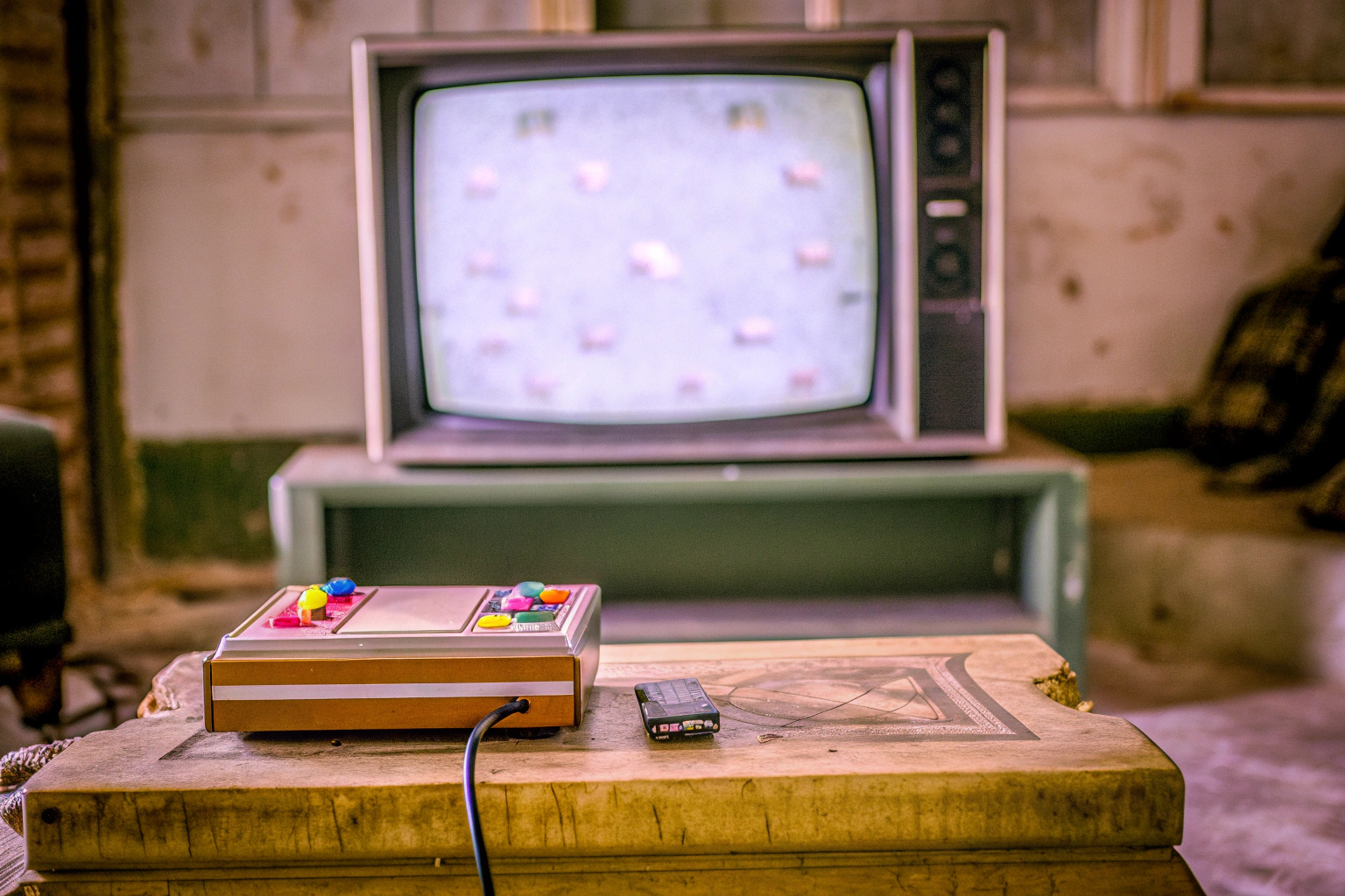 Eine Retro-Spielkonsole aus den 80er Jahren, die an einen Fernseher angeschlossen ist. Retro-Spielkonsole der 80er Jahre