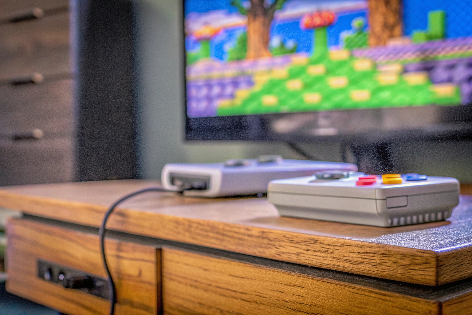 Eine Retro-Videospielkonsole, die an einen modernen Fernseher angeschlossen ist Retro-Videospielkonsole an TV